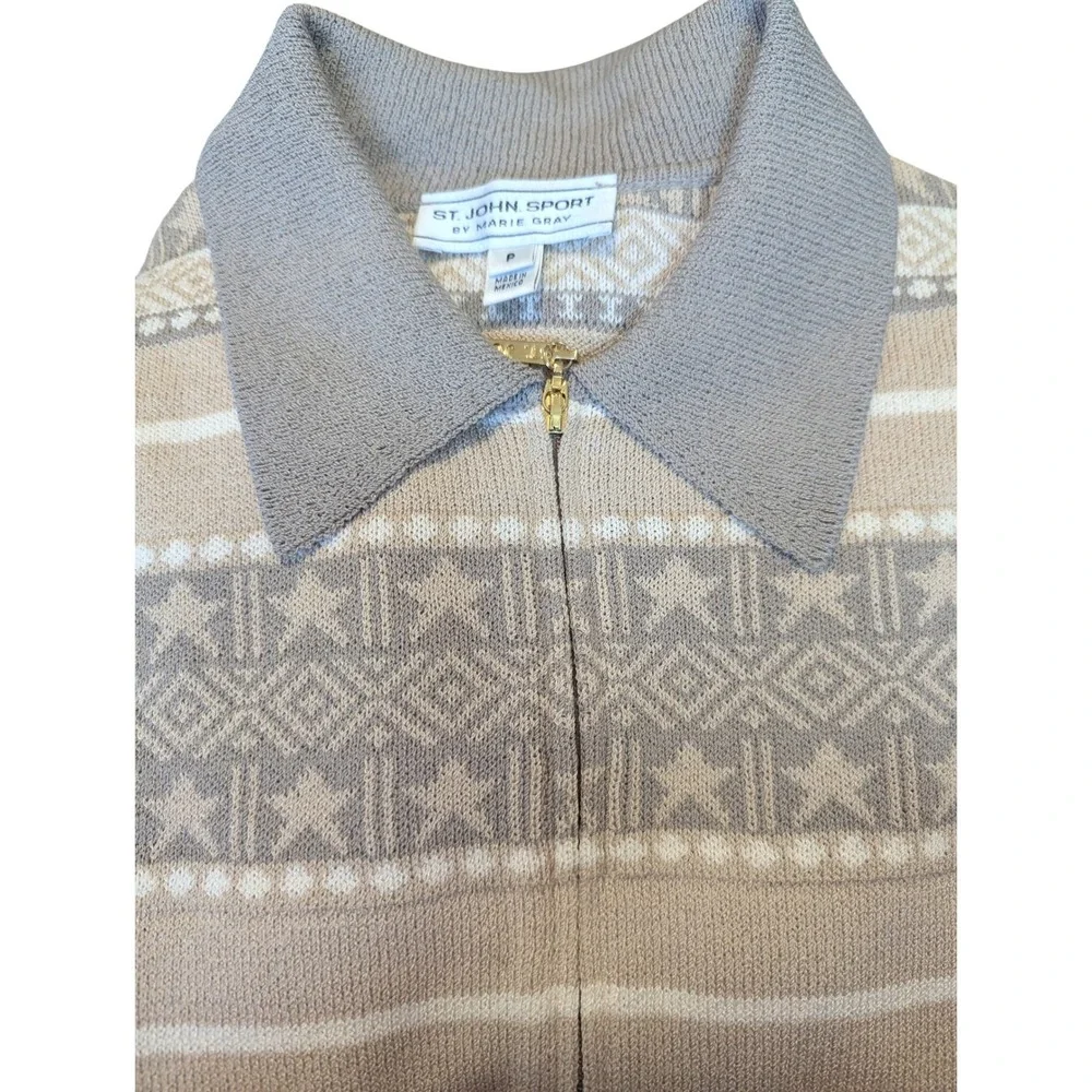 St John Sport Marie Gray Wool Blend Zip Up Sweater Fair Isle Star Beige Tan P